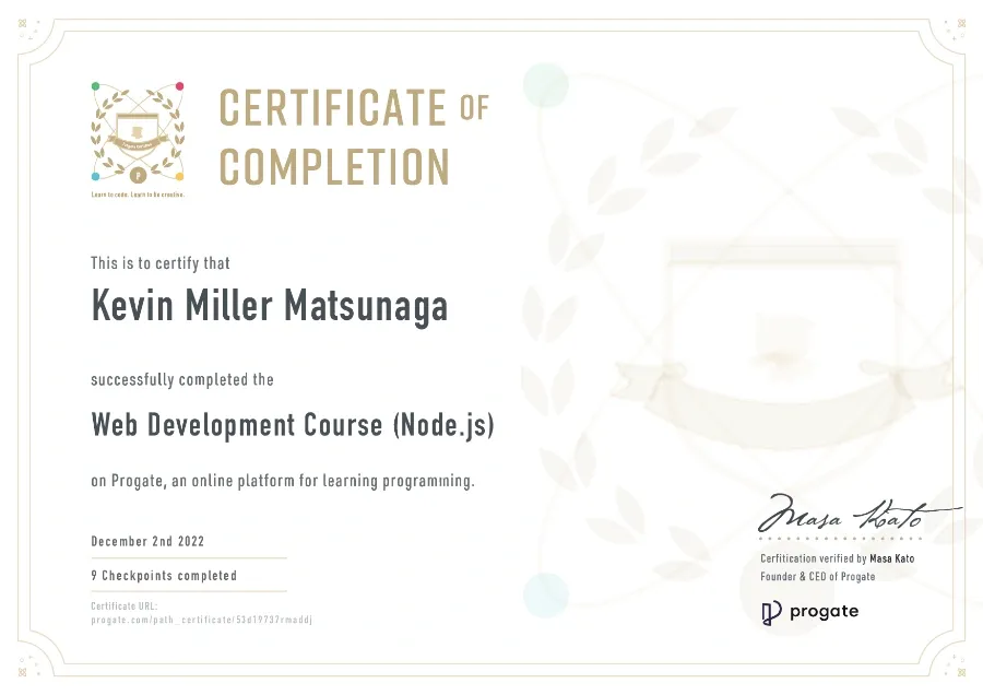 Completed Web Development Course (Node.js) at Progate